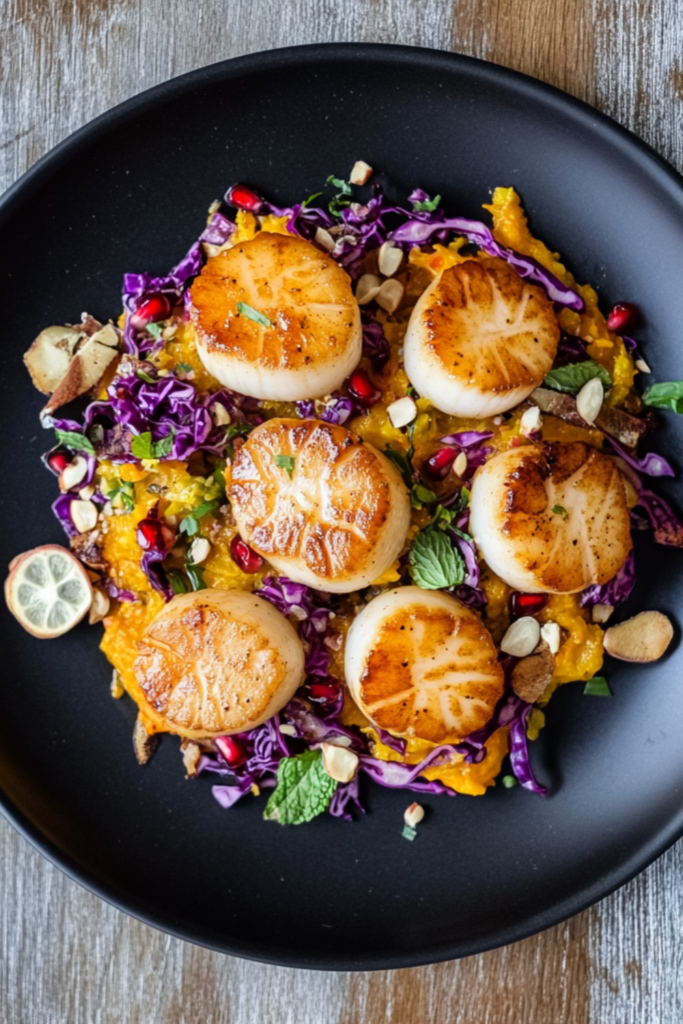 Gordon Ramsay Pan-seared scallops With Butternut Squash Puree & Pomegranate-Quince Slaw