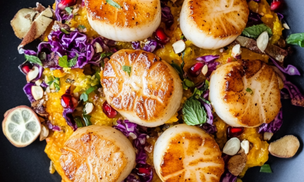 Pan-seared scallops With Butternut Squash Puree & Pomegranate-Quince Slaw