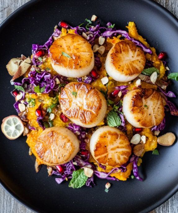 Pan-seared scallops With Butternut Squash Puree & Pomegranate-Quince Slaw