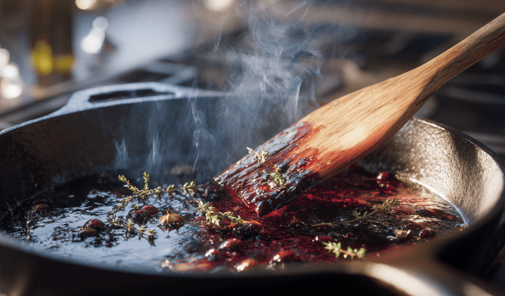 Wooden spatula deglazing browned fond with red wine and thyme in a cast-iron skillet, steam rising