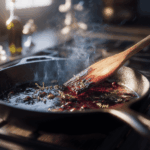 Wooden spatula deglazing browned fond with red wine and thyme in a cast-iron skillet, steam rising