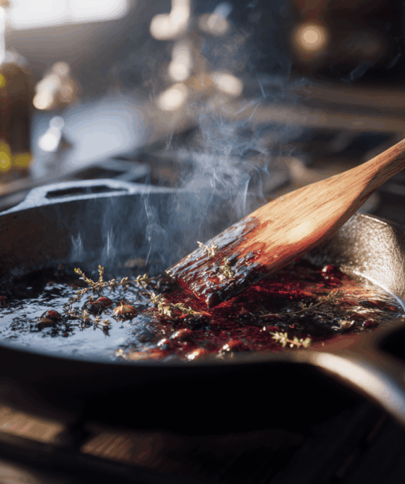 Wooden spatula deglazing browned fond with red wine and thyme in a cast-iron skillet, steam rising