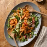Gordon Ramsay bang bang chicken salad: shredded chicken in a chili peanut sauce over beansprouts, watercress, sliced radishes and red chili, topped with toasted peanuts