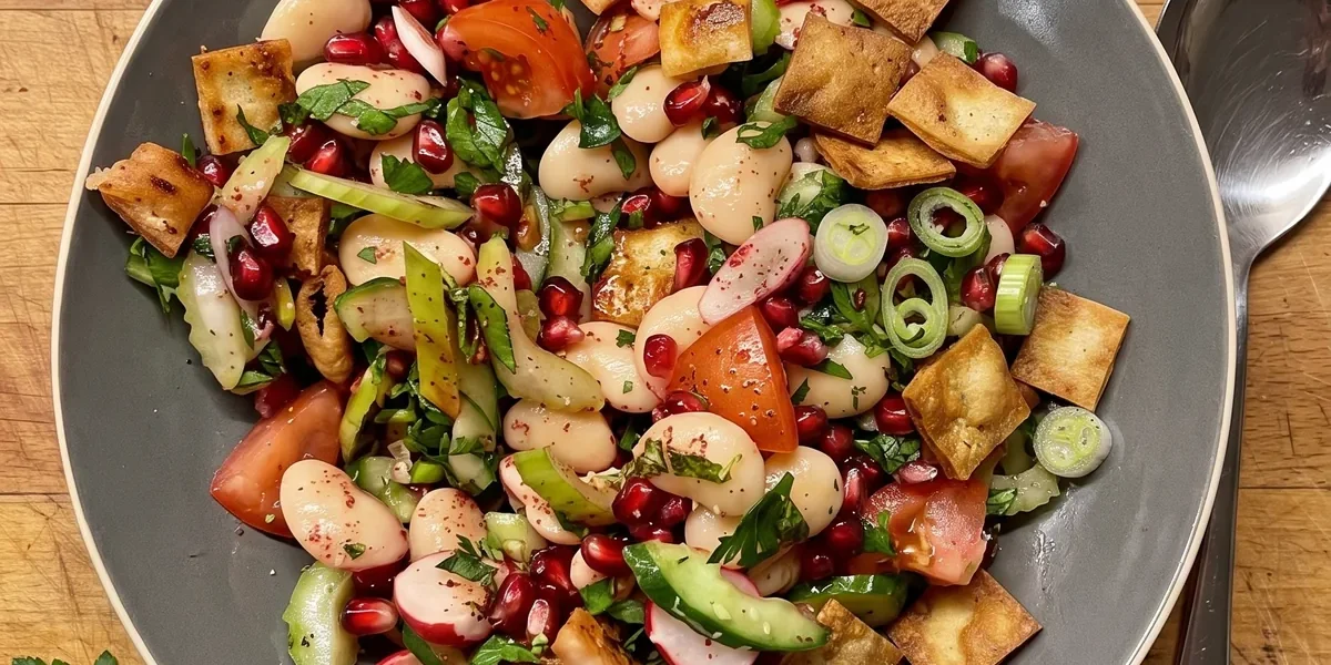 Gordon Ramsay butter bean salad: creamy butter beans, halved radishes, tomato, cucumber, pomegranate seeds, herbs and golden fried pita squares in a wide bowl