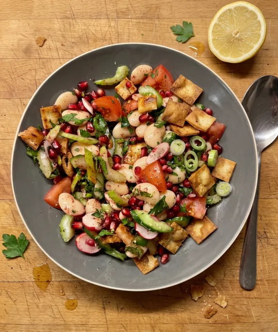 Gordon Ramsay butter bean salad: creamy butter beans, halved radishes, tomato, cucumber, pomegranate seeds, herbs and golden fried pita squares in a wide bowl