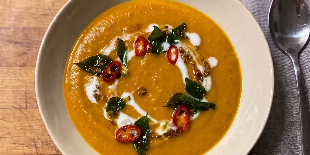Gordon Ramsay butternut squash soup: orange spiced squash and lentil soup with a swirl of coconut cream, crisp curry leaves and sliced red chile