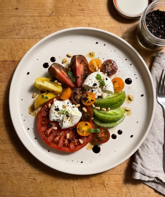 Gordon Ramsay caprese salad: mixed heirloom tomatoes topped with torn burrata, chopped dried black olives, pine nuts and basil cress