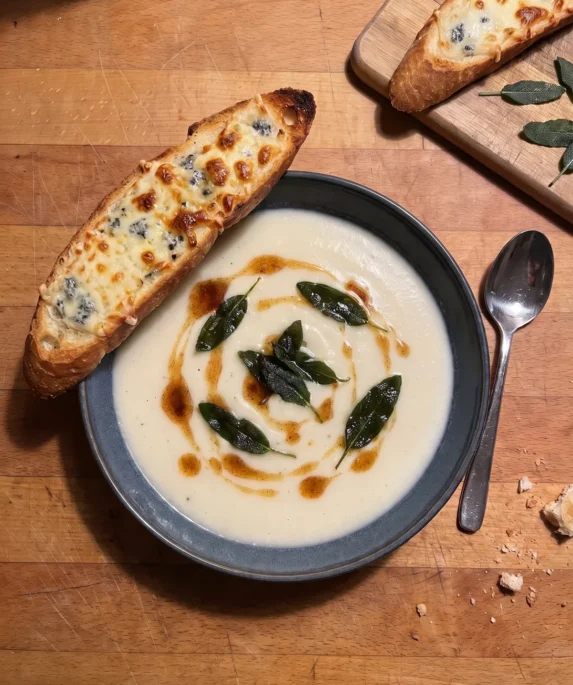 Gordon Ramsay cauliflower soup: creamy white soup with sage brown butter and crisp sage leaves, with a melted cheese baguette toast on the bowl