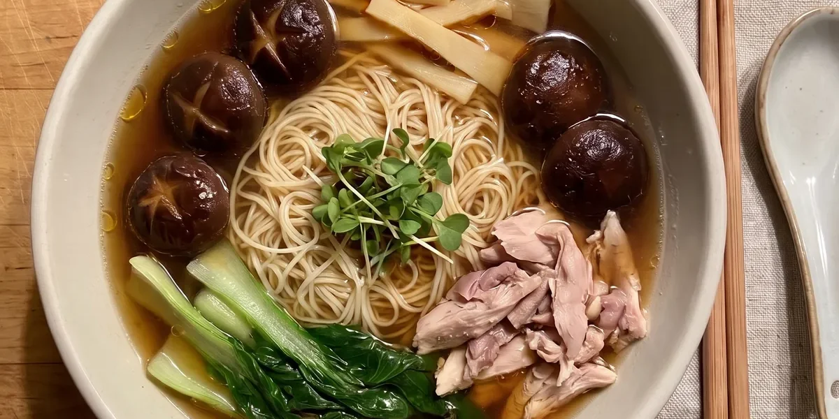 Gordon Ramsay chicken noodle soup: a bowl of egg noodles, shredded chicken, shiitake mushrooms, bamboo shoots and choi sum in a clear dark broth