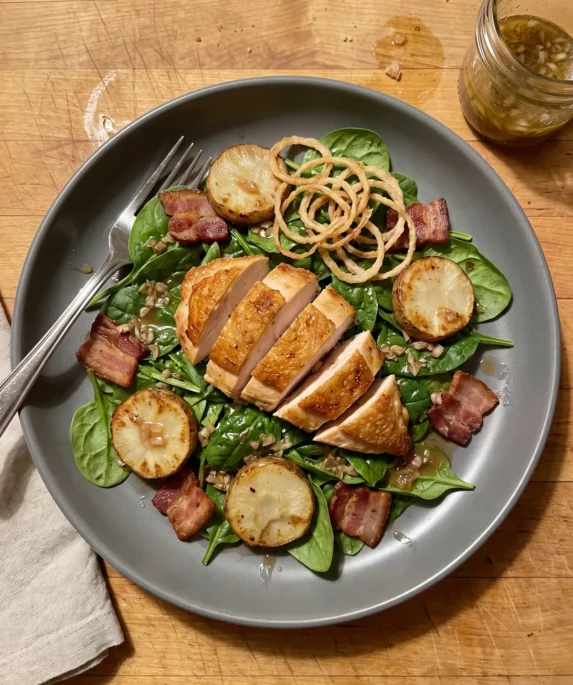 Gordon Ramsay warm chicken salad: sliced crisp-skinned chicken breast on baby spinach with bacon, golden Jerusalem artichoke slices and sherry vinaigrette