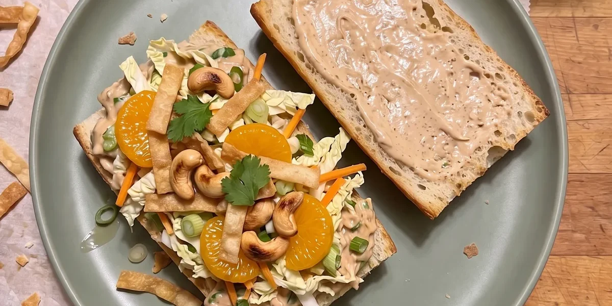 Gordon Ramsay chicken salad sandwich: a baguette filled with five-spice chicken salad, honey mustard slaw, mandarin orange segments, cashews and crispy wonton strips