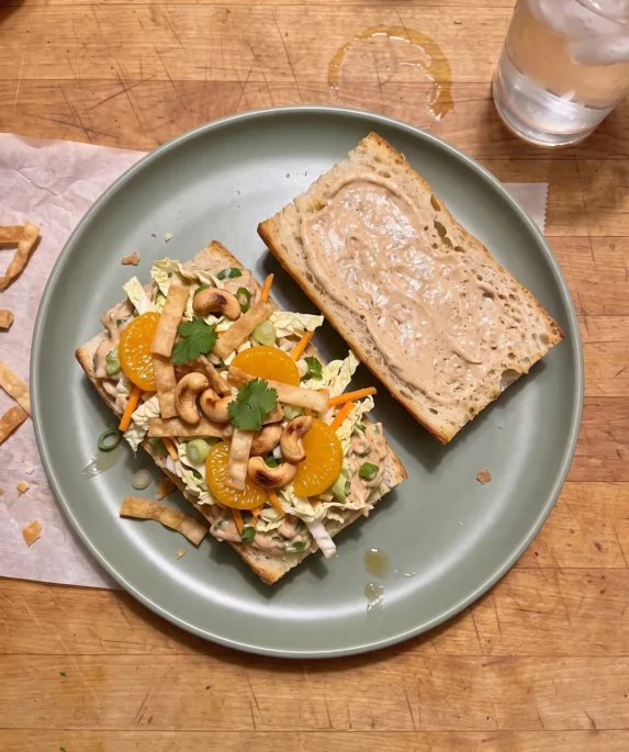 Gordon Ramsay chicken salad sandwich: a baguette filled with five-spice chicken salad, honey mustard slaw, mandarin orange segments, cashews and crispy wonton strips