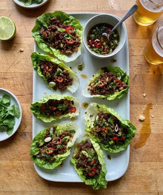 Gordon Ramsay chilli beef lettuce wraps: crispy beef and pork mince with red chili and scallions in baby gem lettuce leaves with a dipping sauce