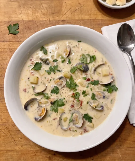 Gordon Ramsay clam chowder: a white bowl of thick New England clam chowder with clams in and out of the shell, diced potato, bacon and torn parsley