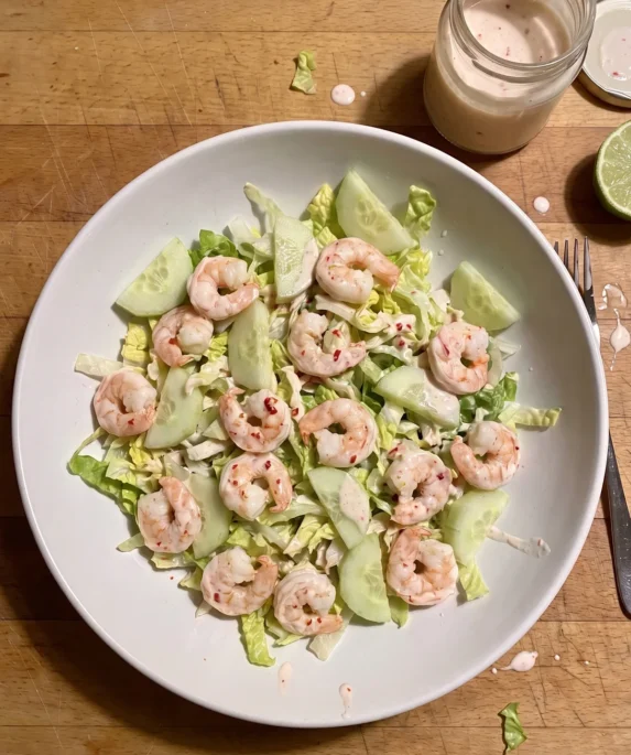 Gordon Ramsay cucumber salad: pink cooked shrimp, pale green half-moons of peeled cucumber and shredded baby gem with a creamy yogurt dressing in a bowl