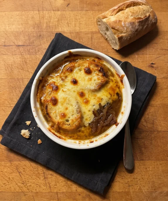 Gordon Ramsay French onion soup: an ovenproof bowl of onion soup under a bubbling, golden Gruyère crust on a slice of baguette