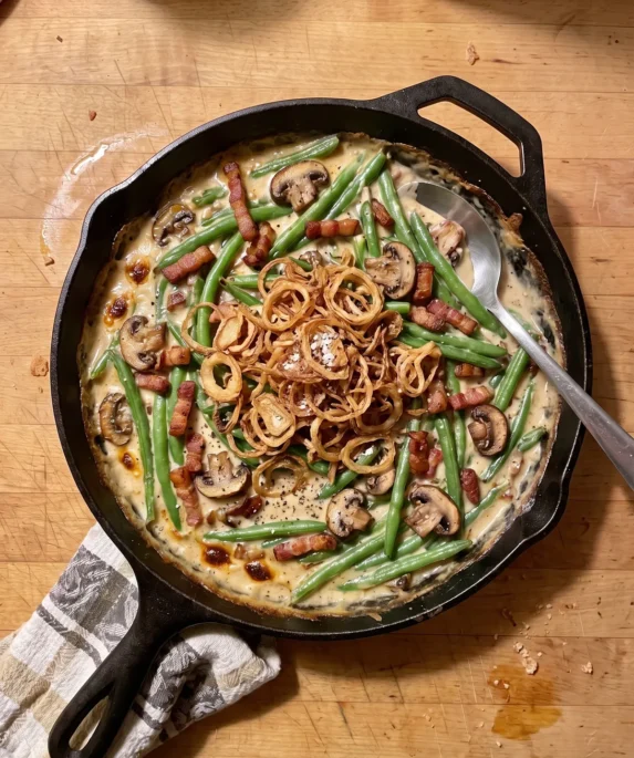 Gordon Ramsay green bean casserole with bacon: green beans and mushrooms in a creamy sauce topped with crispy fried shallots in a skillet