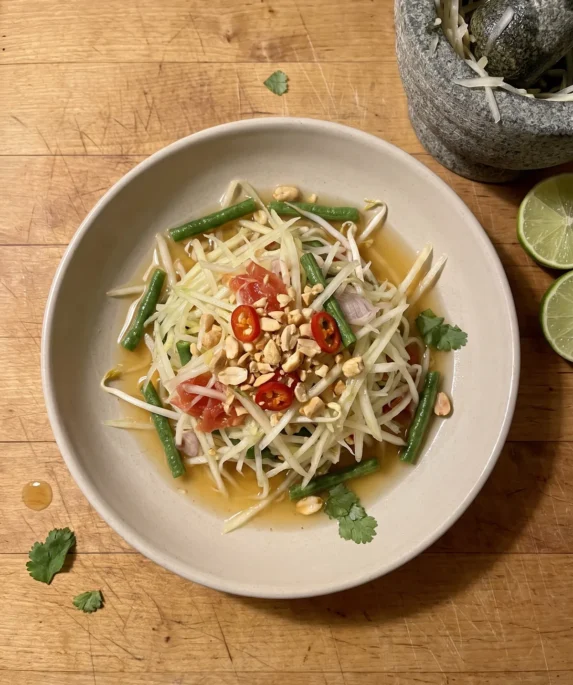 Gordon Ramsay green papaya salad: pounded green papaya with snake beans, tomatoes, red chili, peanuts and cilantro