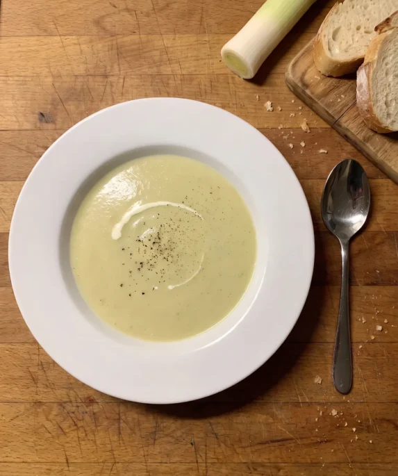 Gordon Ramsay leek and potato soup: a bowl of pale green potato and leek potage with a swirl of cream and black pepper