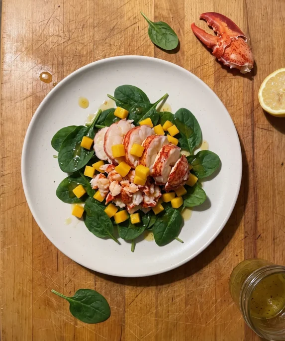 Gordon Ramsay lobster salad: poached lobster tail medallions and claw meat on baby spinach with diced golden mango