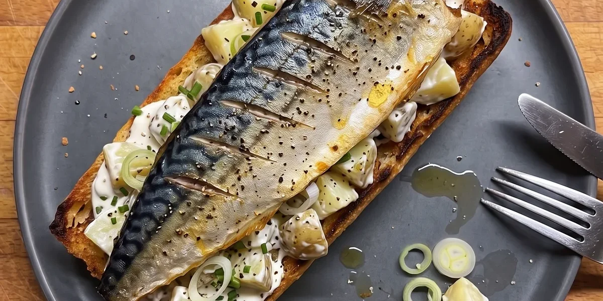 Gordon Ramsay mackerel and potato salad open sandwich: crisp-skinned mackerel fillet on warm potato salad with chives and scallions on toast