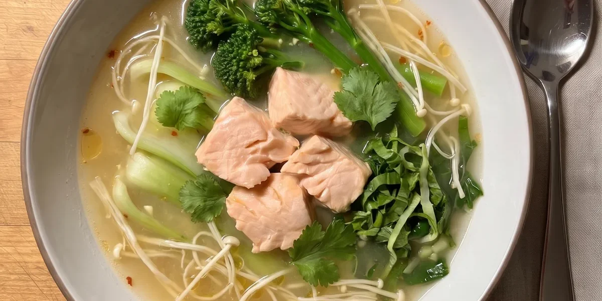 Gordon Ramsay miso salmon soup: a bowl of miso broth with flaked salmon, pak choi, broccoli and enoki mushrooms