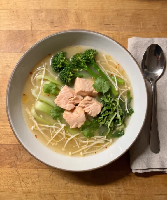 Gordon Ramsay miso salmon soup: a bowl of miso broth with flaked salmon, pak choi, broccoli and enoki mushrooms
