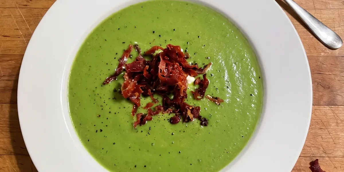 Gordon Ramsay pea and mint soup: a bowl of bright green pea soup with a dollop of crème fraîche and crispy Parma ham