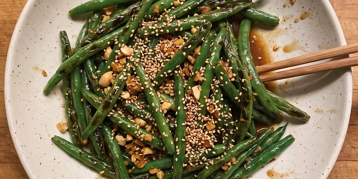 Gordon Ramsay peanut butter green beans: blistered green beans with garlic in a soy peanut dressing topped with toasted sesame seeds