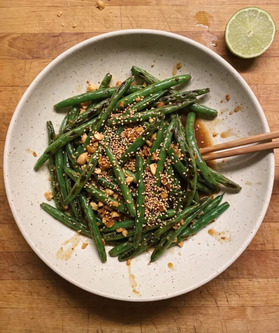 Gordon Ramsay peanut butter green beans: blistered green beans with garlic in a soy peanut dressing topped with toasted sesame seeds