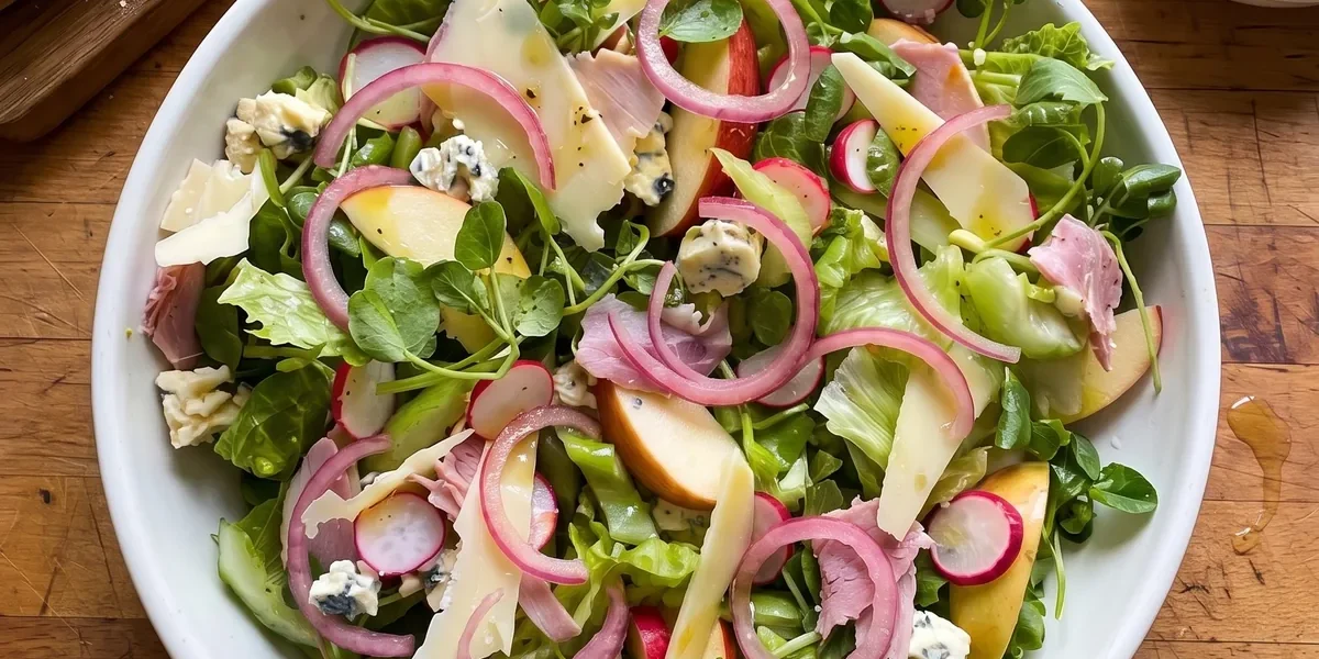 Gordon Ramsay ploughman's salad: romaine and watercress with apple, radishes, torn ham, Cheddar shavings, Stilton cubes and pink pickled red onion rings in a bowl