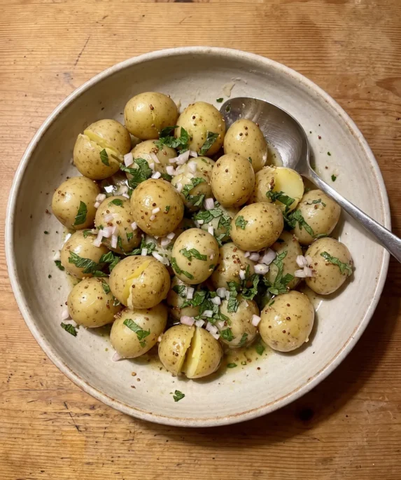 Gordon Ramsay potato salad with warm whole baby new potatoes, wholegrain mustard dressing, chopped shallot and mint in a bowl