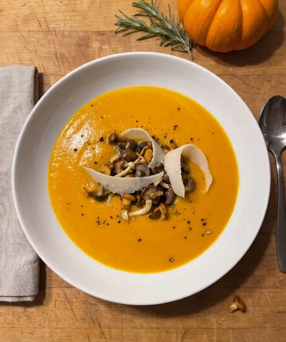 Gordon Ramsay pumpkin soup: smooth orange roasted pumpkin soup topped with sautéed wild mushrooms and Parmesan shavings in a white bowl