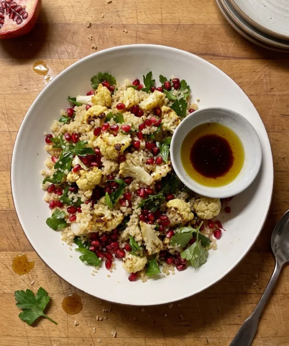 Gordon Ramsay quinoa salad: roasted cauliflower florets, fluffy quinoa, flat-leaf parsley and pomegranate seeds on a wide platter