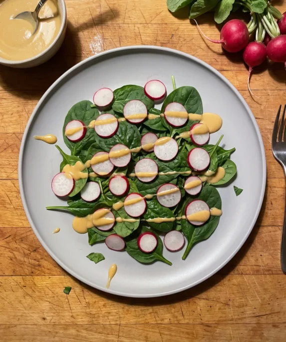 Gordon Ramsay radish salad: thin coins of red radish on baby spinach leaves with a ginger and tahini dressing drizzled over