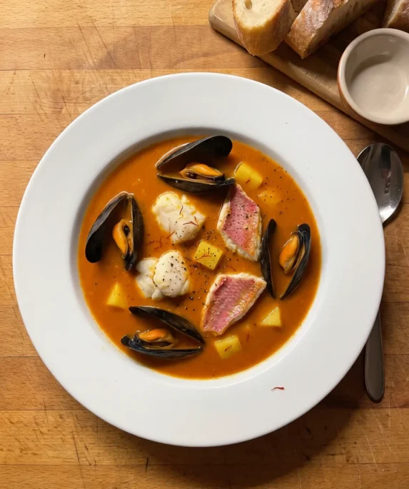Gordon Ramsay seafood bisque: a bowl of smooth orange-red saffron and tomato bisque with mussels in their shells, monkfish, red mullet and saffron potatoes