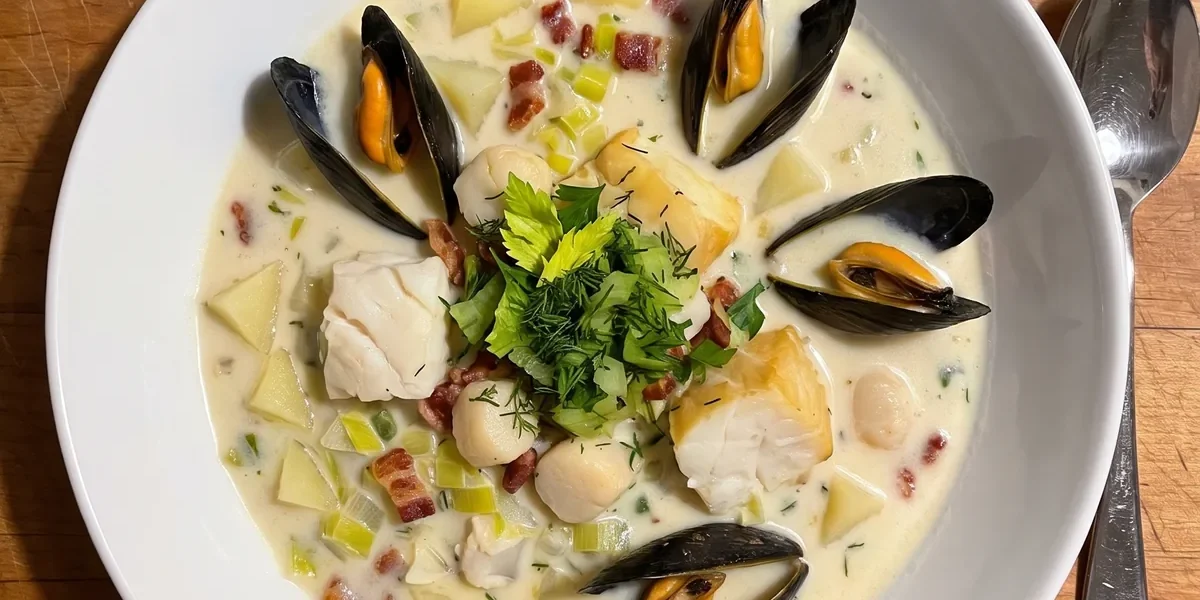 Gordon Ramsay seafood chowder: a bowl of creamy chowder with cod, mussels in their shells, scallops and fresh herbs