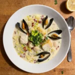 Gordon Ramsay seafood chowder: a bowl of creamy chowder with cod, mussels in their shells, scallops and fresh herbs