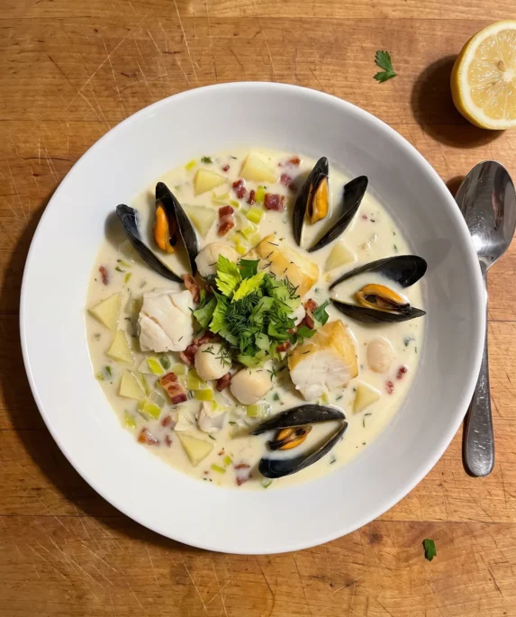 Gordon Ramsay seafood chowder: a bowl of creamy chowder with cod, mussels in their shells, scallops and fresh herbs