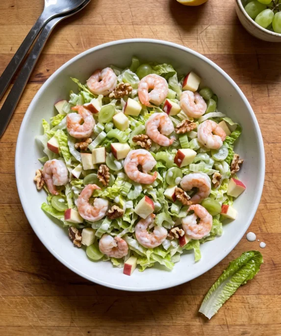 Gordon Ramsay shrimp salad: pink shrimp, shredded romaine, celery, red-skinned apple, green grapes and walnuts in a creamy yogurt dressing