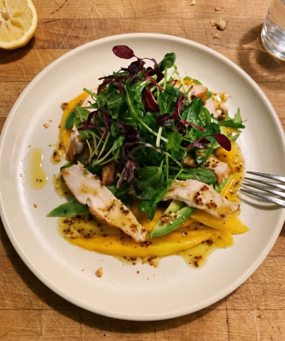 Gordon Ramsay mango, avocado and smoked chicken salad: sliced mango, avocado strips and smoked chicken under a pile of mixed leaves with a wholegrain mustard dressing