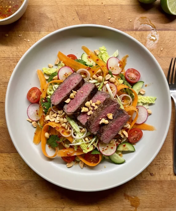 Gordon Ramsay spicy beef salad: thick slices of medium-rare sirloin steak over carrot ribbons, radishes, cherry tomatoes, cucumber, baby gem and mint with crushed peanuts