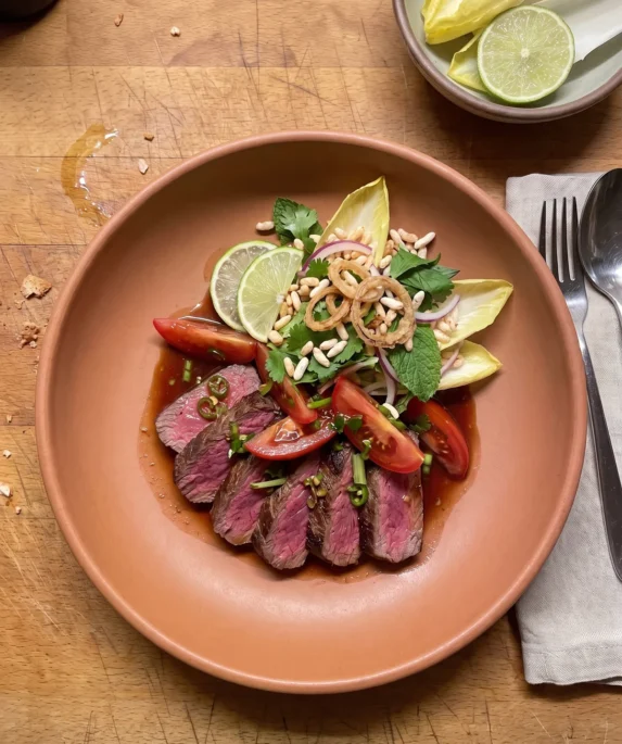 Gordon Ramsay Thai beef salad: sliced rare steak with tomatoes in a dark tamarind lime dressing, crispy fried onions, puffed rice and fresh herbs