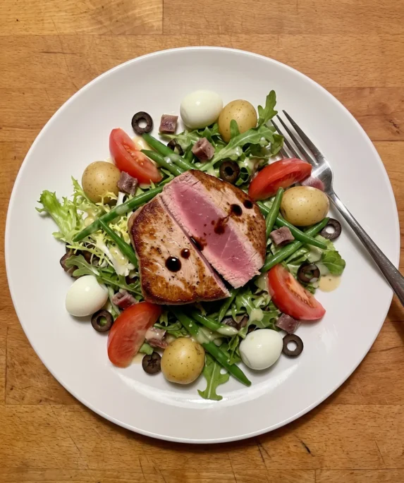 Gordon Ramsay seared tuna niçoise salad with pink tuna steak, quail's eggs, green beans, new potatoes, olives and tomatoes on baby leaves