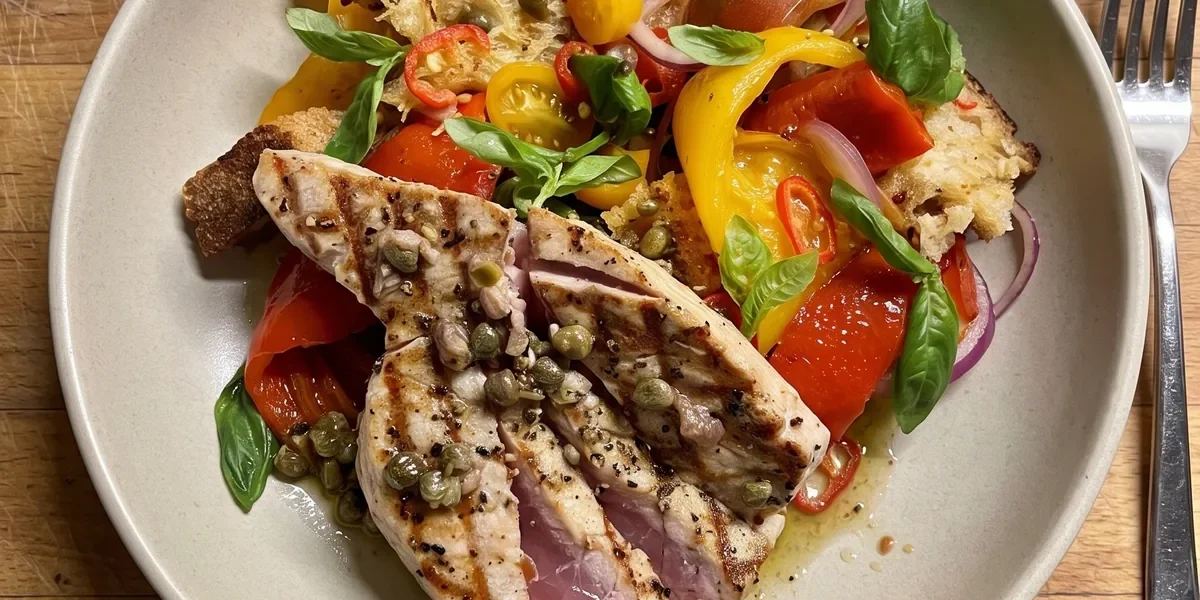 Gordon Ramsay tuna salad: sliced seared tuna steak, rare in the middle, over a panzanella of torn toasted sourdough, heirloom tomatoes, roasted peppers, red onion and basil with capers