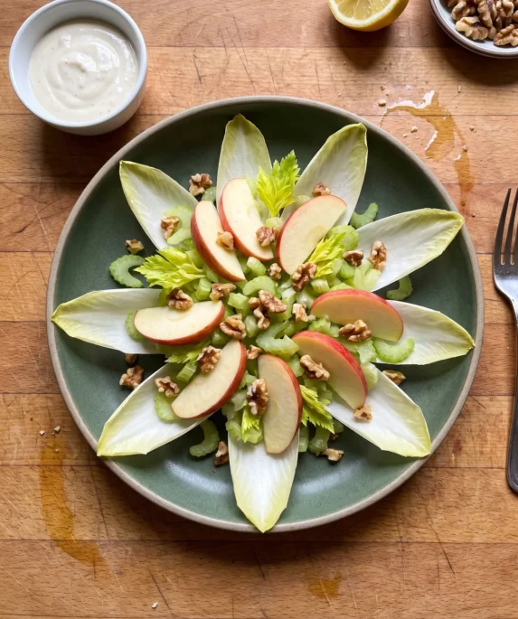 Gordon Ramsay Waldorf salad: thin red apple slices, chopped celery with its leaves and toasted walnuts on Belgian endive, with the dressing in a small bowl